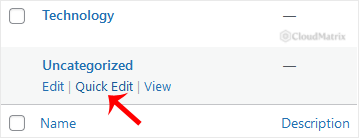 Hovering over the Uncategorized row in the WordPress Categories table to reveal the Edit and Quick Edit links
