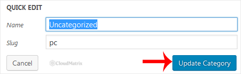 The WordPress category Quick Edit panel showing the Name and Slug fields with the Update Category button